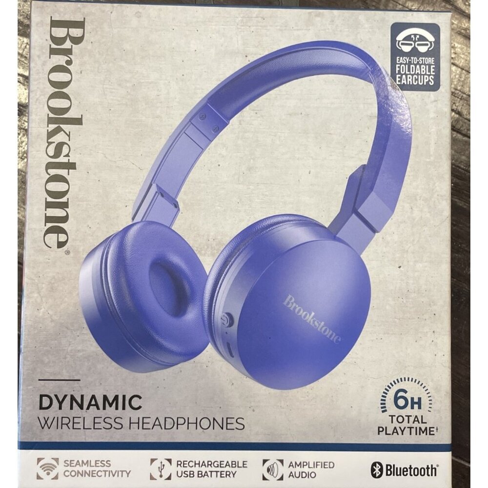 Brookstone Dynamic Wireless Headphones Bluetooth Foldable Earcups NEW Purple
